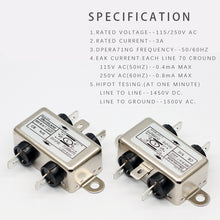 Load image into Gallery viewer, 3A 250V 50Hz fast on tab connection single phase EMI filters