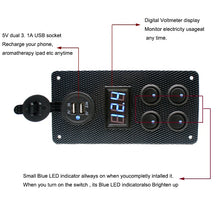 Load image into Gallery viewer, 4 Gang Rocker Dual USB Charger + Digital Volmeter +12V Outlet Pre-Wired
