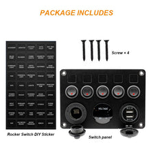 Load image into Gallery viewer, DC 12-24V Waterproof 5 Gang Rocker Switch Panel Dual USB Slot Socket 5V 4.2A Cigarette Lighter Voltmeter for Marine Boat Car Rv