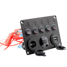 Load image into Gallery viewer, Dual USB Charger Digital Volmeterwith Circuit Breakers for RV Car Boat 12V Outlet Pre-Wired 5 Gang Rocker Switch Panel