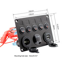 Load image into Gallery viewer, Dual USB Charger Digital Volmeterwith Circuit Breakers for RV Car Boat 12V Outlet Pre-Wired 5 Gang Rocker Switch Panel