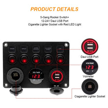 Load image into Gallery viewer, Dual USB Charger Digital Volmeterwith Circuit Breakers for RV Car Boat 12V Outlet Pre-Wired 5 Gang Rocker Switch Panel