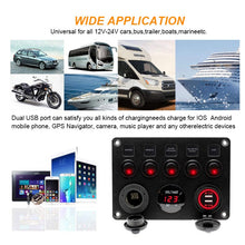 Load image into Gallery viewer, Dual USB Charger Digital Volmeterwith Circuit Breakers for RV Car Boat 12V Outlet Pre-Wired 5 Gang Rocker Switch Panel