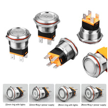 Load image into Gallery viewer, power button LED light Waterproof Flat circular button 3v 6v 12v 24v 110v 220v ip67 22mm metal push button switch
