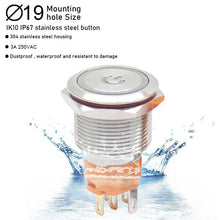 Load image into Gallery viewer, ring lamp power symbol Waterproof LED light self-lock self-reset button 5v 12v 220v 19mm metal push button switch