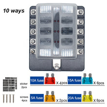 Load image into Gallery viewer, 10 Ways Fuse Box Car Fuse Blade Replacement Bolt Terminal LED Indicator Light Block Fuse With LED Warning Light
