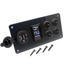 Load image into Gallery viewer, 4 Gang Rocker Dual USB Charger + Digital Volmeter +12V Outlet Pre-Wired
