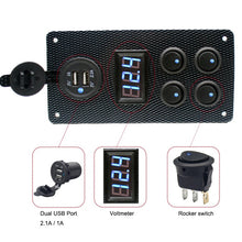 Load image into Gallery viewer, 4 Gang Rocker Dual USB Charger + Digital Volmeter +12V Outlet Pre-Wired
