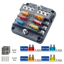 Load image into Gallery viewer, 6-Way auto Car Fuse Holder Box Blade Fuse Block Screw Nut Terminal W/Negative Bus Free Fuses LED Indicator
