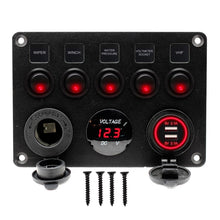 Load image into Gallery viewer, DC 12-24V Waterproof 5 Gang Rocker Switch Panel Dual USB Slot Socket 5V 4.2A Cigarette Lighter Voltmeter for Marine Boat Car Rv
